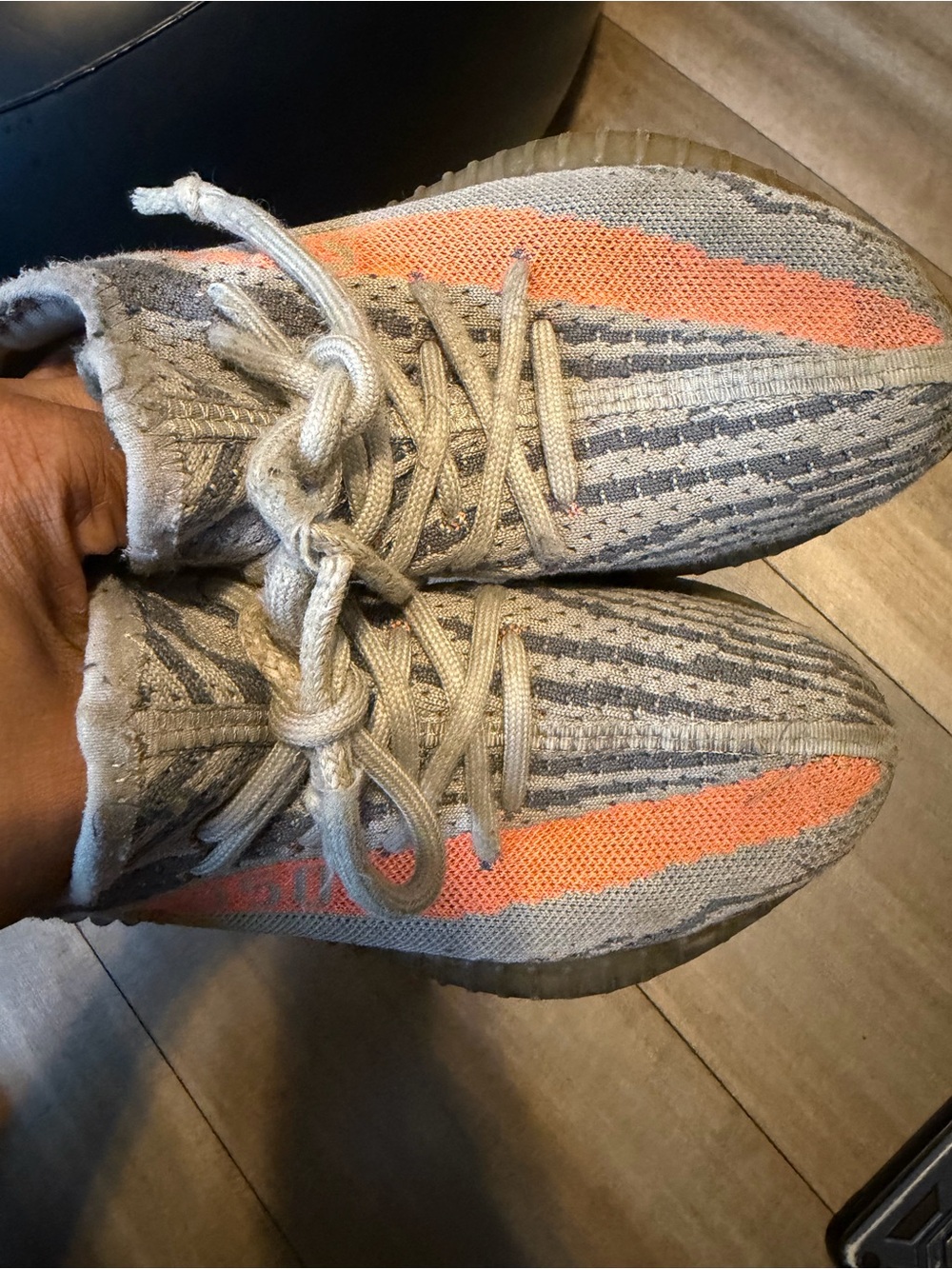 Yeezy Kids Gray Knit Sneakers with Orange Stripe